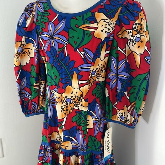 Vintage Bold Floral 80s Puff Sleeve Go Vicki Drop Waist Dress - Picture 2 of 5